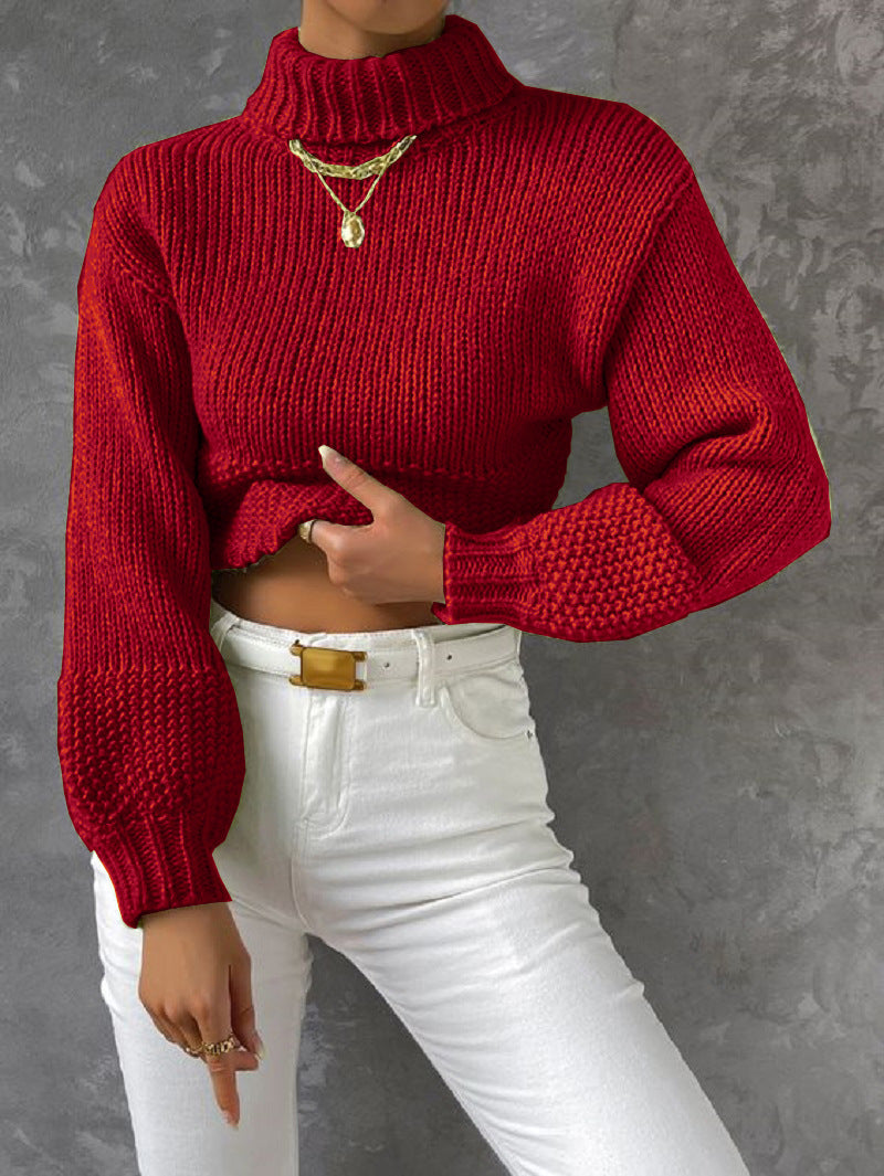 Damen trendiger Pullover mit hoch geschlossenem Kragen und voluminösen Ärmeln R&B