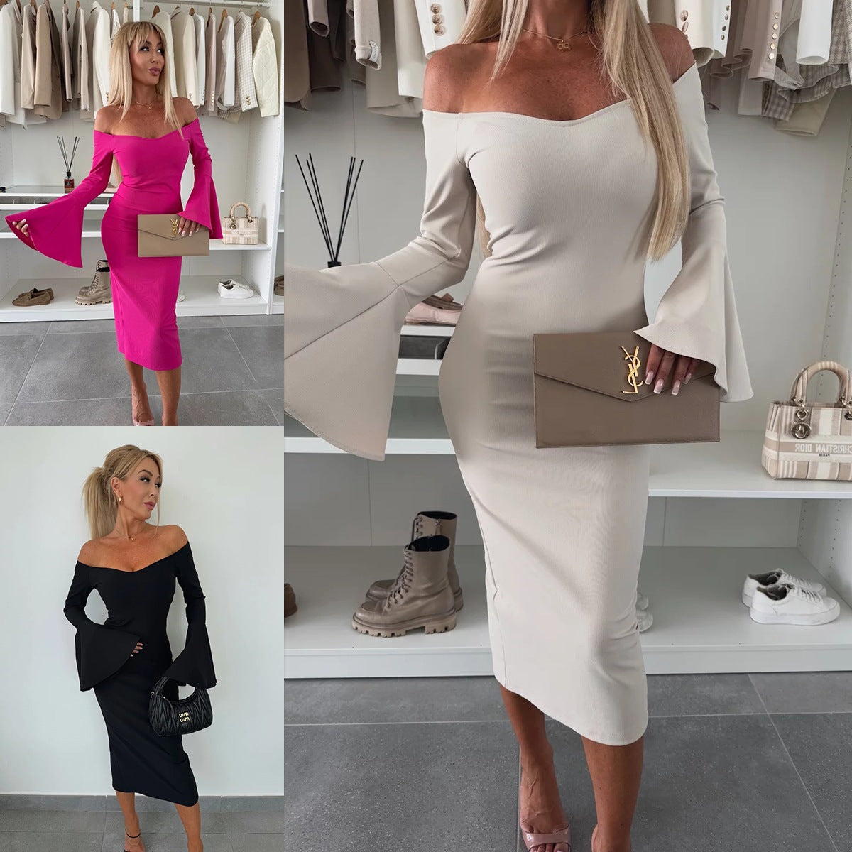 Damen Figurbetontes Wickelkleid mit schulterfreiem Design und weit geschnittenen Ärmeln R&B