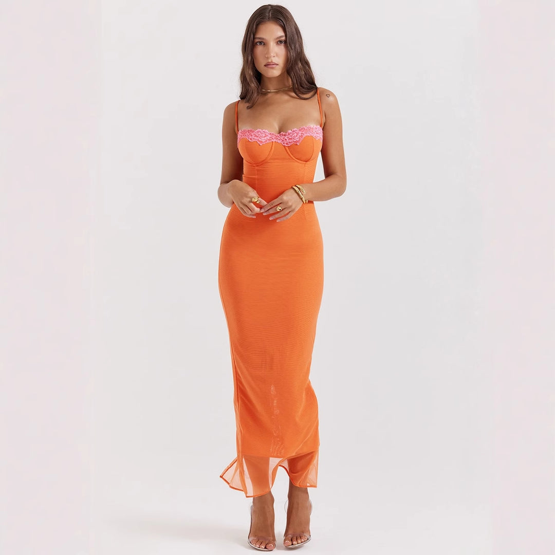 Damen figurbetontes Maxikleid mit transparentem Saum und romantischem Spitzenakzent R&B