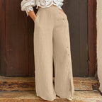 Damen Weite Leinenhose mit seitlichen Knöpfen und hoher Taille R&B