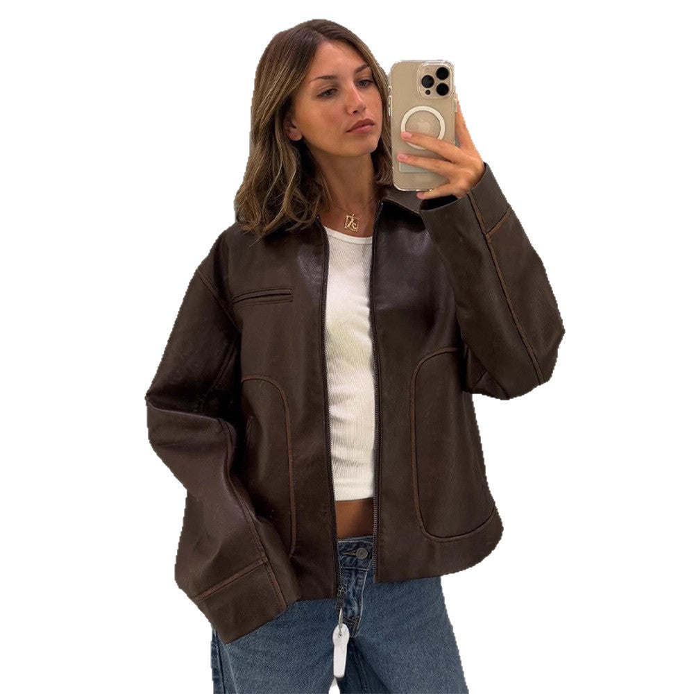 Damen modische Kunstlederjacke mit praktischen Eingrifftaschen und stylishen Details R&B