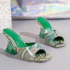 Damen Mules mit eleganter marmorierter Optik und stabiler Absatzhöhe R&B