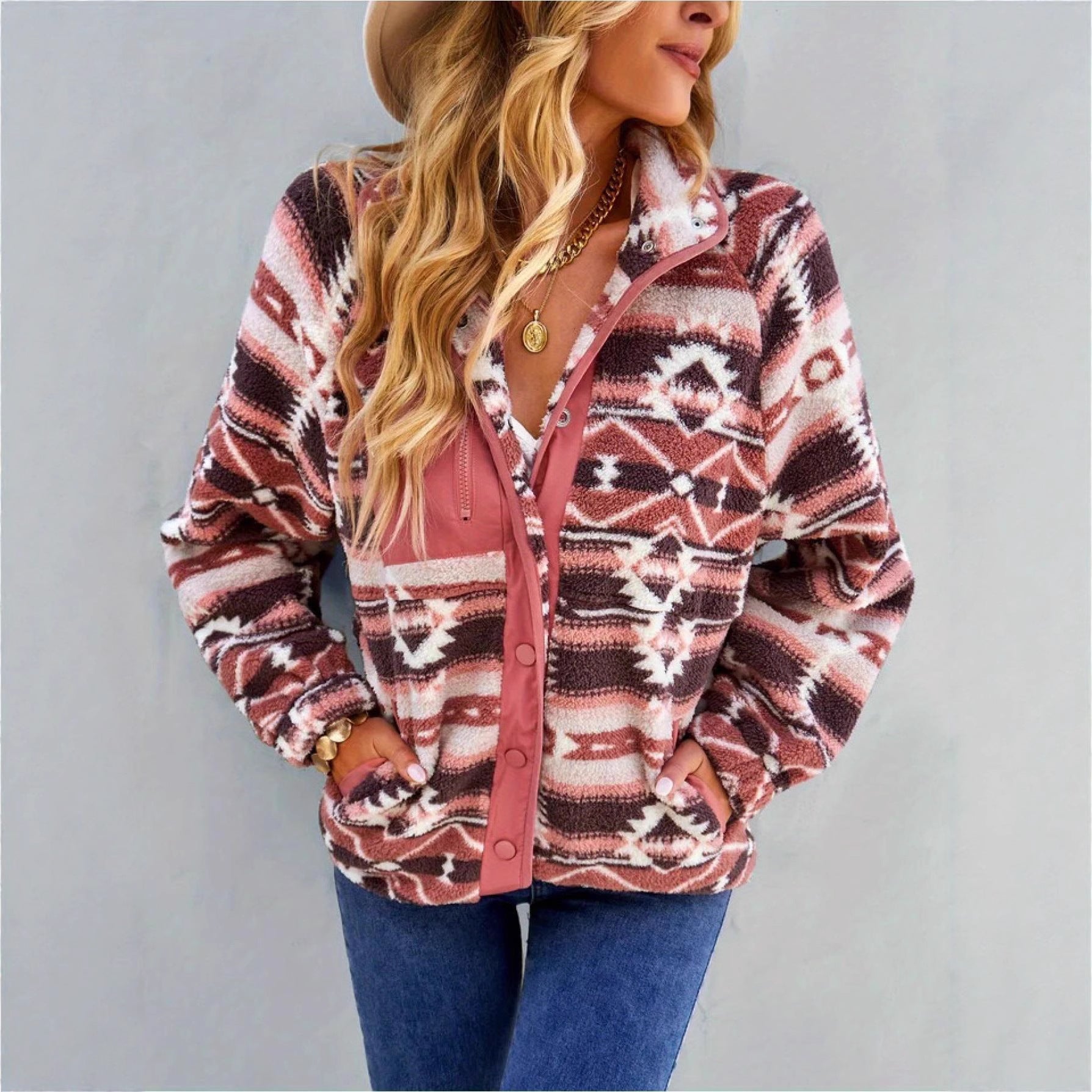 Damen Gemusterte Plüschjacke mit hohem Kragen und Druckknopfverschluss R&B