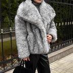 Damen elegante Kunstfelljacke mit voluminösem Kragen und verschließbaren Taschen R&B