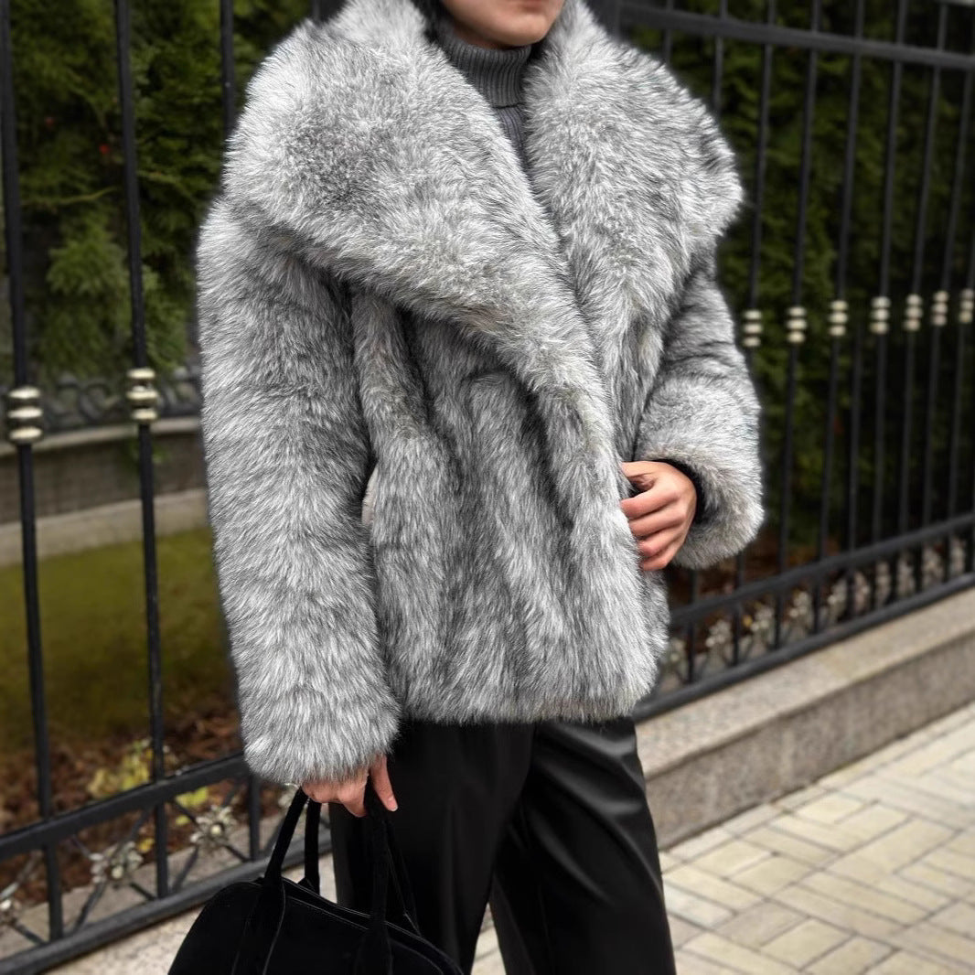 Damen elegante Kunstfelljacke mit voluminösem Kragen und verschließbaren Taschen R&B