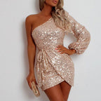 Damen Pailletten Cocktailkleid mit asymmetrischem Schnitt und schulterfreiem Design R&B