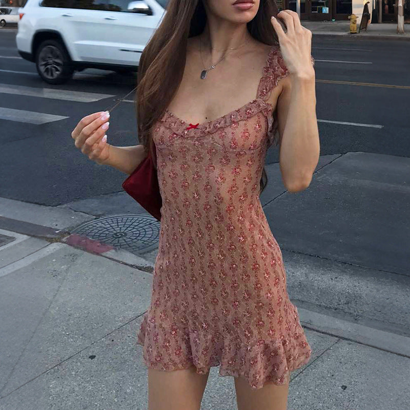Damen Transparente Spitzenkleid mit Rüschen und floralem Muster R&B