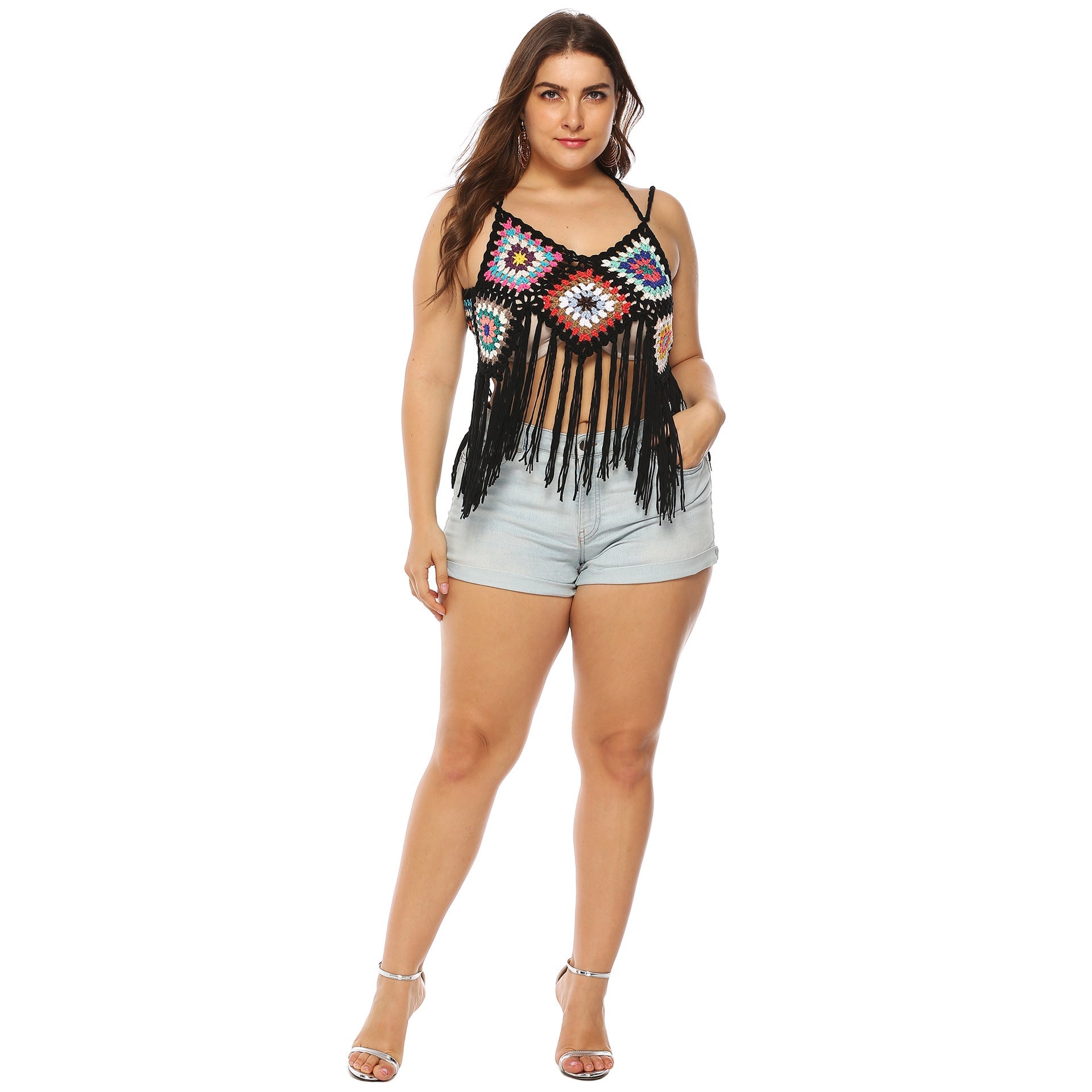 Damen gehäkeltes Crop-Top mit buntem Fransen-Design R&B