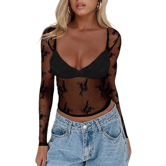 Damen Transparente Spitzenbluse mit eleganten Details R&B