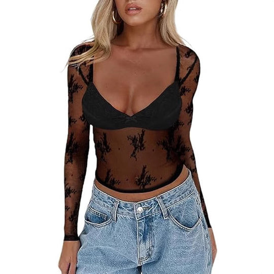 Damen Transparente Spitzenbluse mit eleganten Details R&B