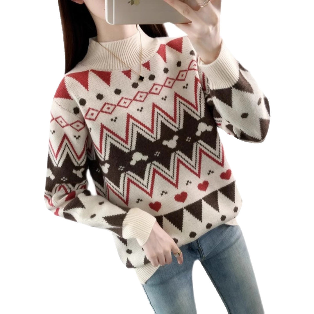 Damen festlicher Strickpullover im modernen Weihnachtsdesign mit geometrischem Muster und komfortablem Rundhalsausschnitt R&B