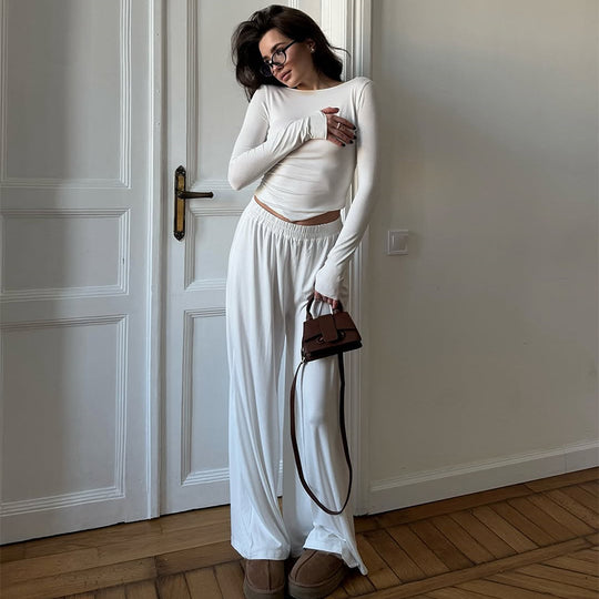 Damen Loungewear Set aus langärmligem Oberteil und weit geschnittenen Hosen R&B