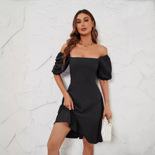 Damen Elegantes Off-Shoulder Kleid mit voluminösen Puffärmeln und asymmetrischem Schnitt R&B