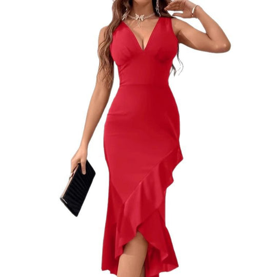 Damen Wickelkleid mit V-Ausschnitt und asymmetrischem Saum R&B
