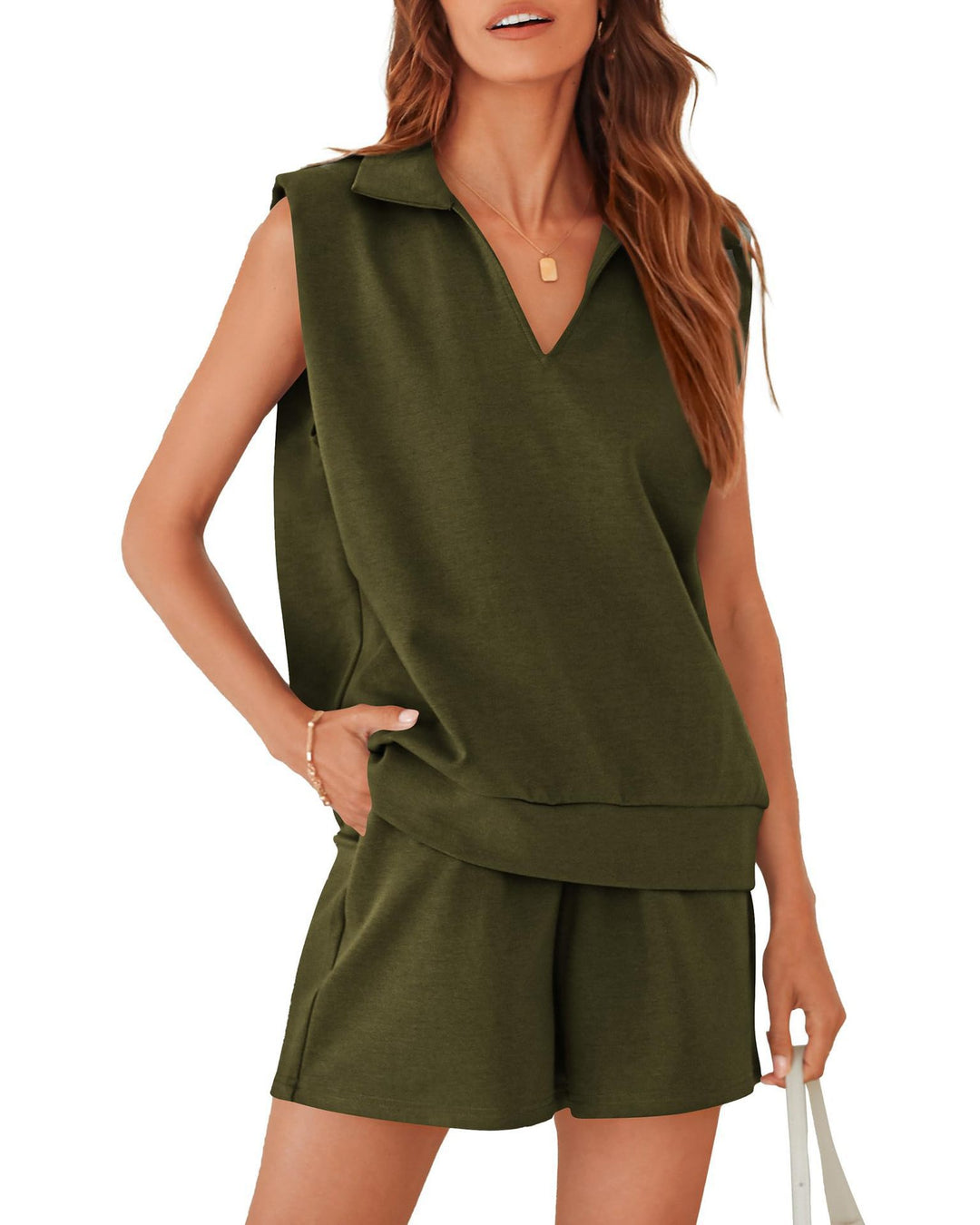 Damen lässiger V-Ausschnitt Sweatshirt mit kurzer Hose R&B
