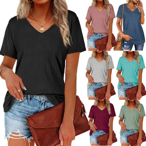 Damen Viskose T-Shirt mit feinem Rippstrickmuster und lässigem V-Ausschnitt R&B
