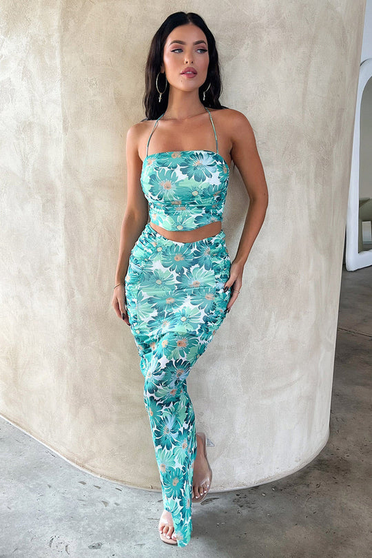 Damen Elegantes Crop-Top und Maxirock-Set mit floralem Design R&B