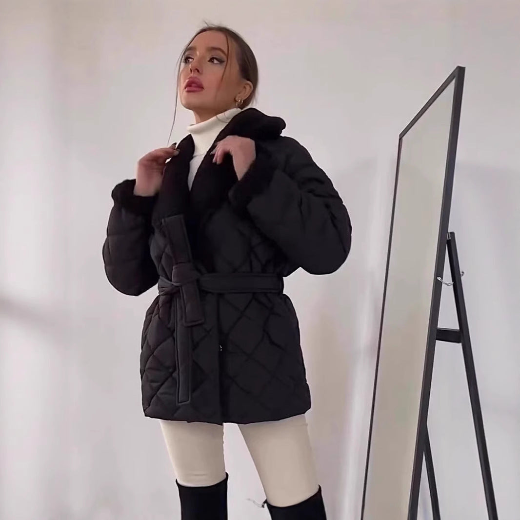 Damen gesteppte Fleecejacke mit Gürtel und großem Kragen R&B