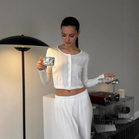 Damen elegantes Lounge-Set aus feinen Materialien mit weit geschnittenen Hosen R&B