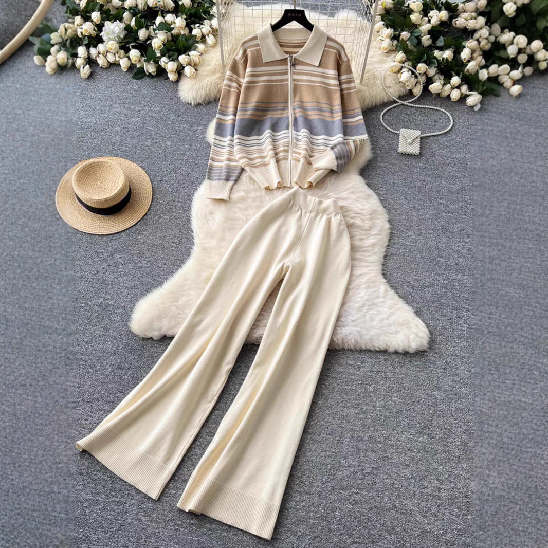 Damen modisches Freizeit-Loungewear-Set mit Reißverschluss und breitem Bein R&B