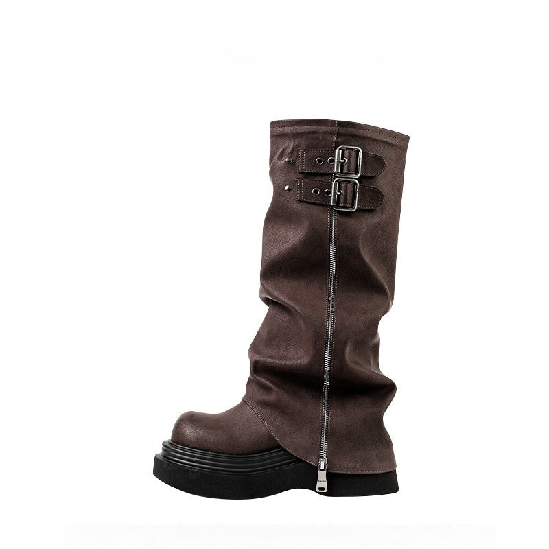 Damen modische Overknee-Stiefel mit robustem Plateau und dekorativen Schnallen R&B
