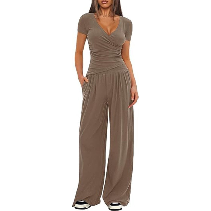 Damen Eleganter Wickel-Jumpsuit mit weitem Bein und modischen Details R&B