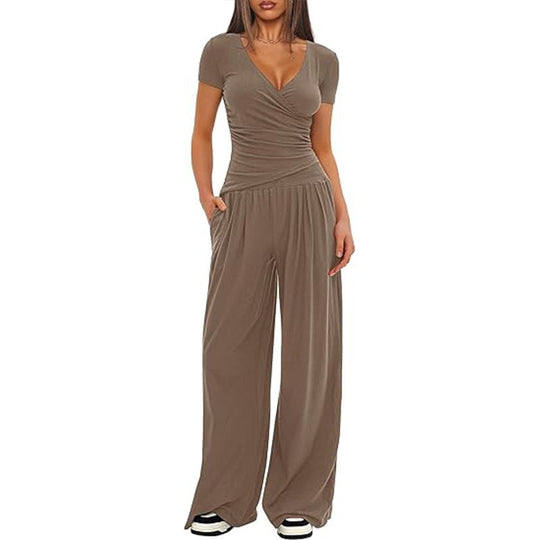 Damen Eleganter Wickel-Jumpsuit mit weitem Bein und modischen Details R&B