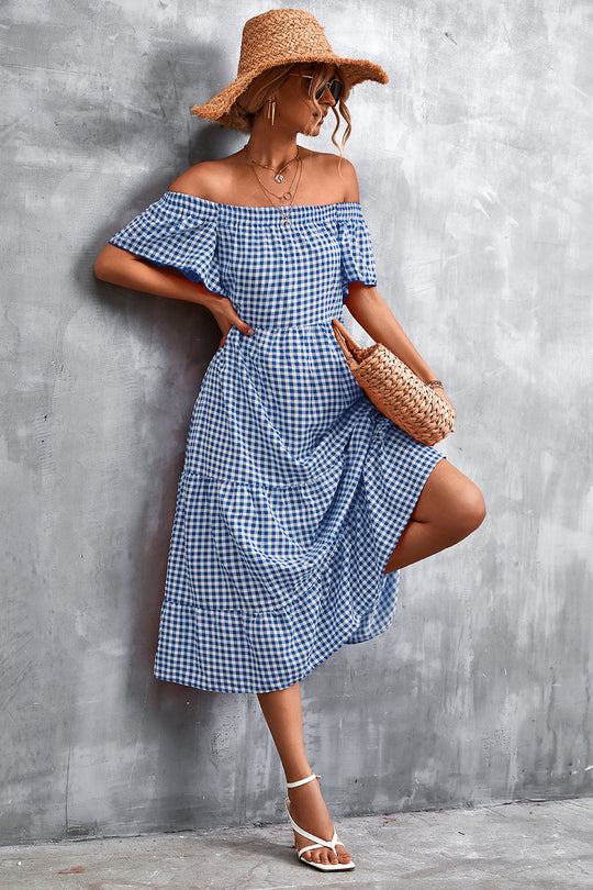 Damen Fließendes Maxikleid mit off-shoulder Design und Rüschensaum R&B