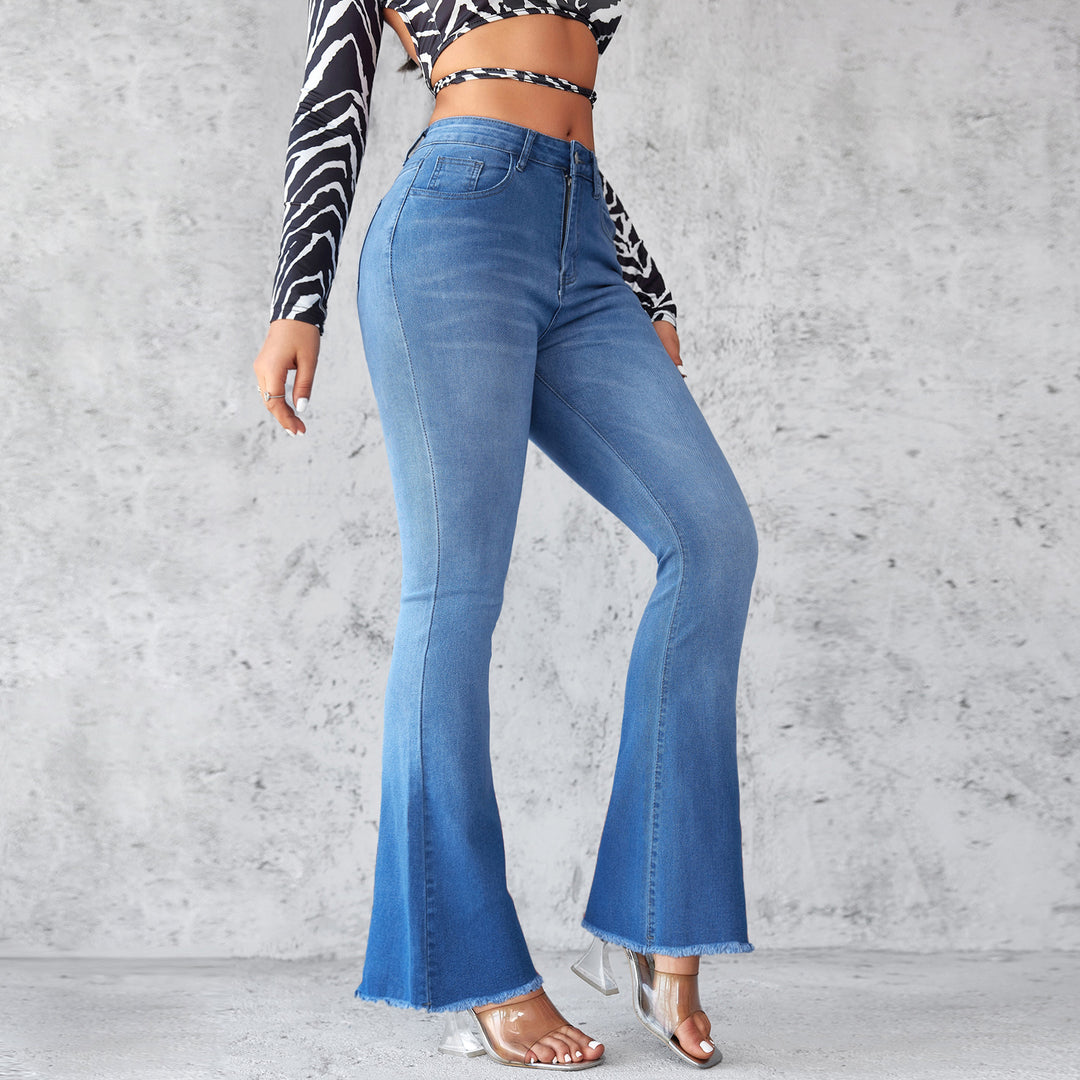 Damen Flared Jeans mit hohen Bund und ausgefranstem Saum R&B