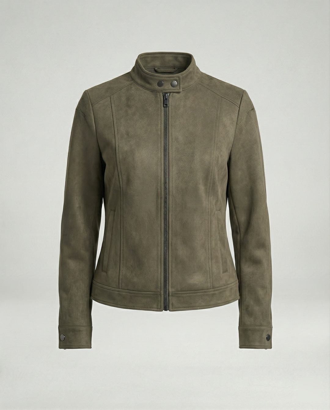 Damen kurze Velourslederjacke mit markanten Teilungsnähten hohem Stehkragen und Zweiwege-Reißverschluss R&B