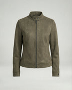 Damen kurze Velourslederjacke mit markanten Teilungsnähten hohem Stehkragen und Zweiwege-Reißverschluss R&B