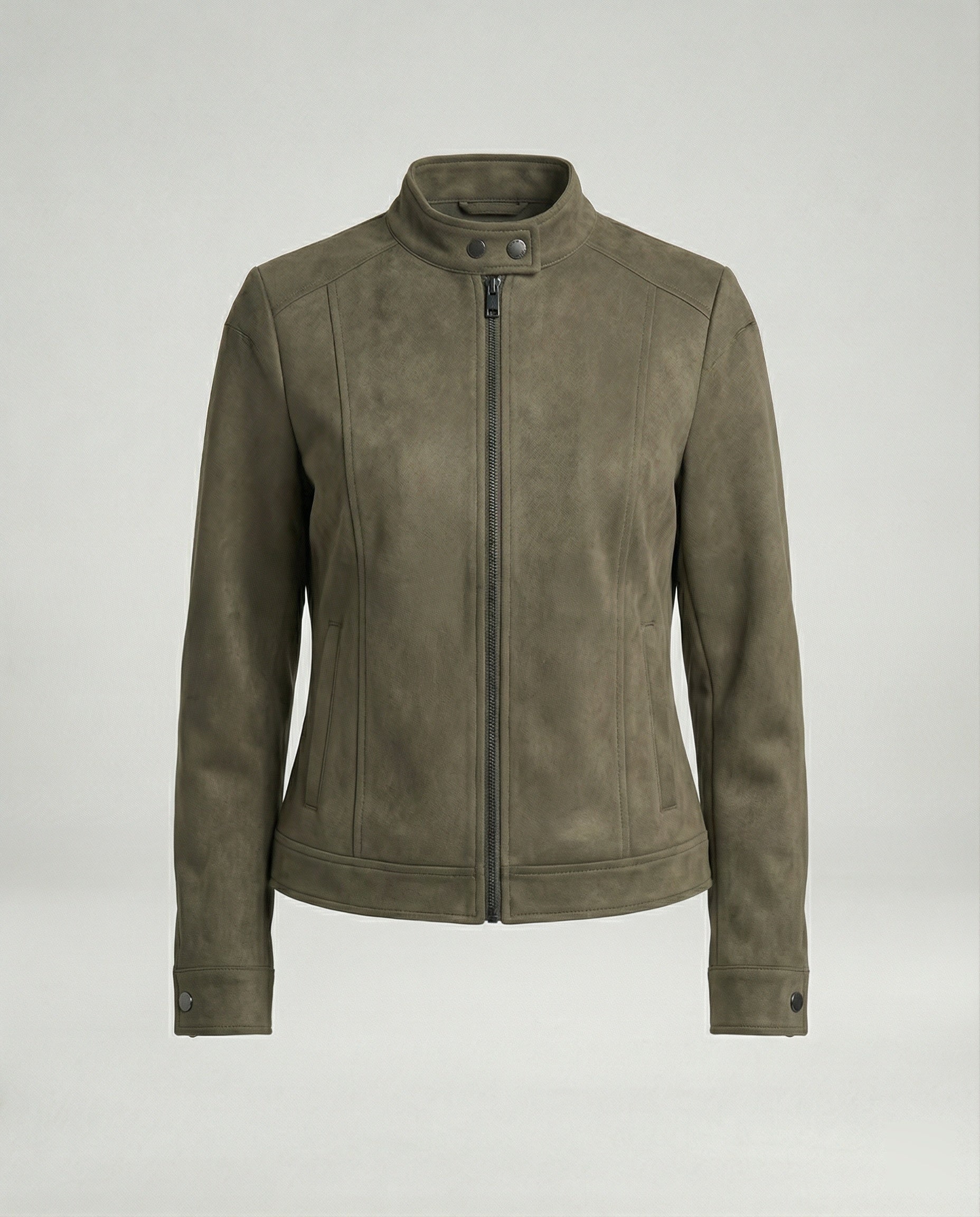 Damen kurze Velourslederjacke mit markanten Teilungsnähten hohem Stehkragen und Zweiwege-Reißverschluss R&B