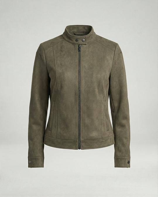 Damen kurze Velourslederjacke mit markanten Teilungsnähten hohem Stehkragen und Zweiwege-Reißverschluss R&B