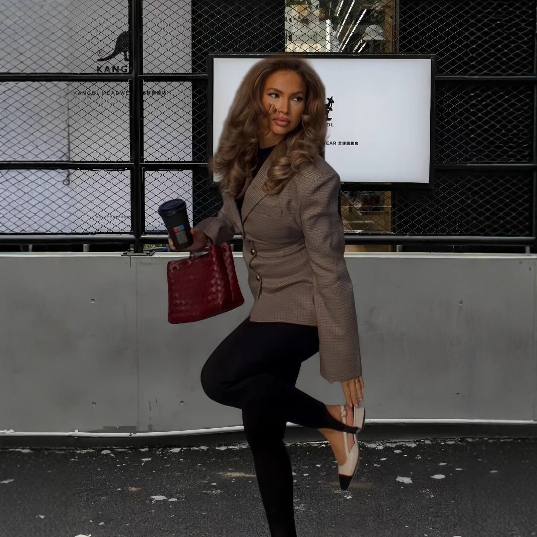 Damen Elegante Karojacke mit strukturiertem Schnitt und Goldknöpfen R&B