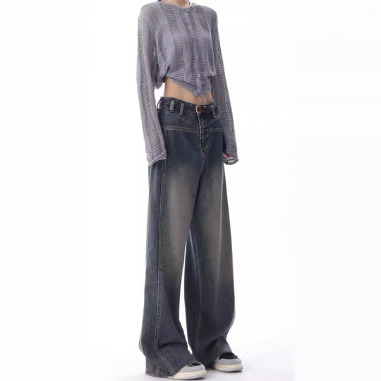 Damen Weite High-Waist Jeans mit lässigen Falten und modischem Design R&B