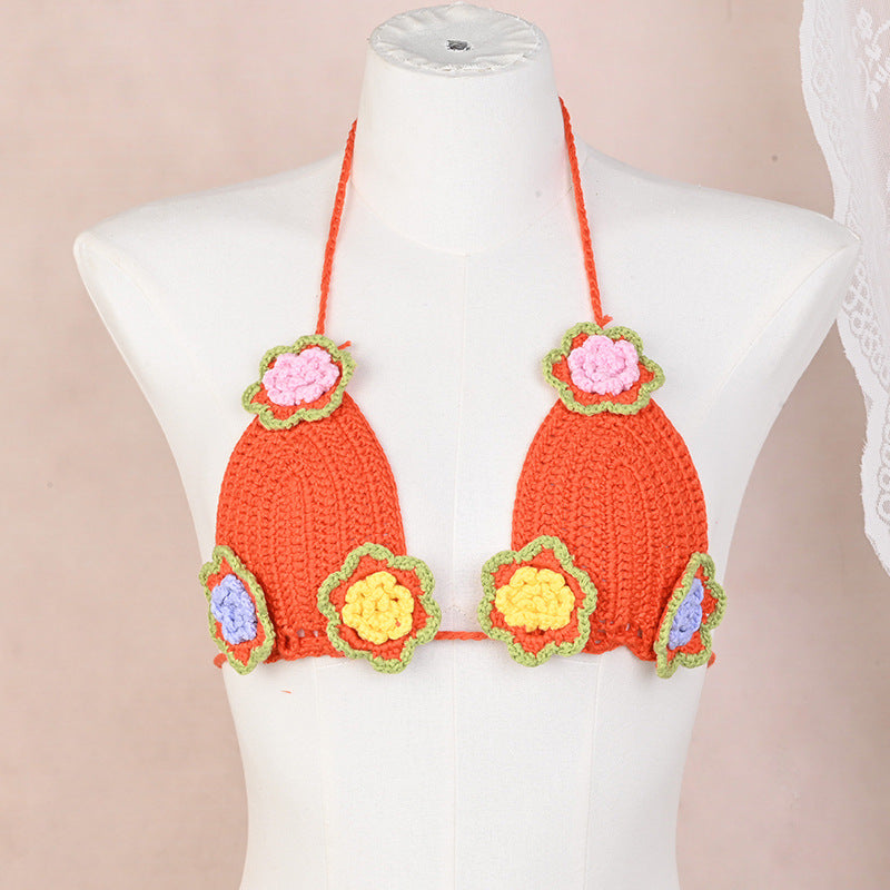 Damen Häkel-Bikini-Oberteil mit floralen Akzenten und verstellbaren Trägern R&B