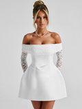 Damen Elegantes Off-Shoulder Minikleid mit Spitzenärmeln und tailliertem Schnitt R&B