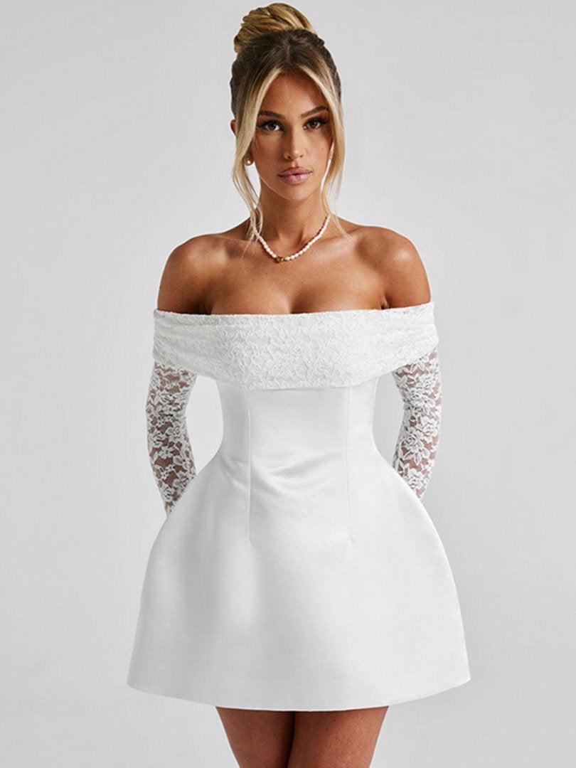 Damen Elegantes Off-Shoulder Minikleid mit Spitzenärmeln und tailliertem Schnitt R&B