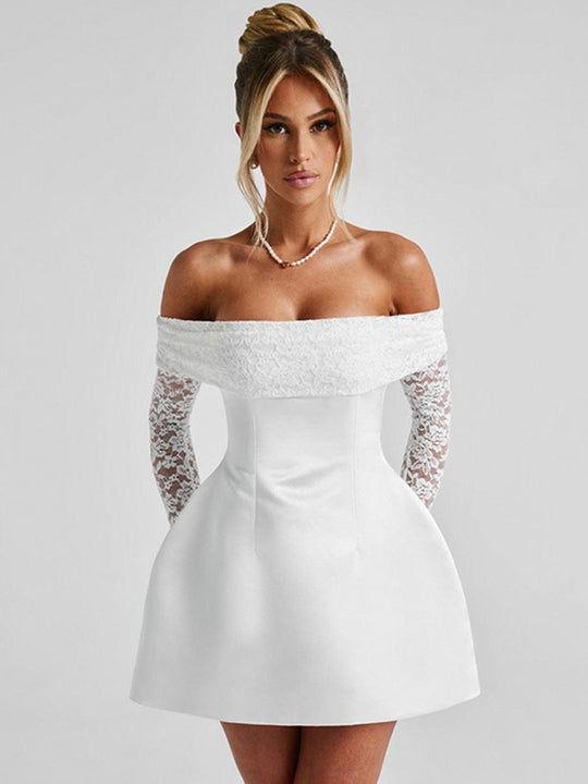 Damen Elegantes Off-Shoulder Minikleid mit Spitzenärmeln und tailliertem Schnitt R&B