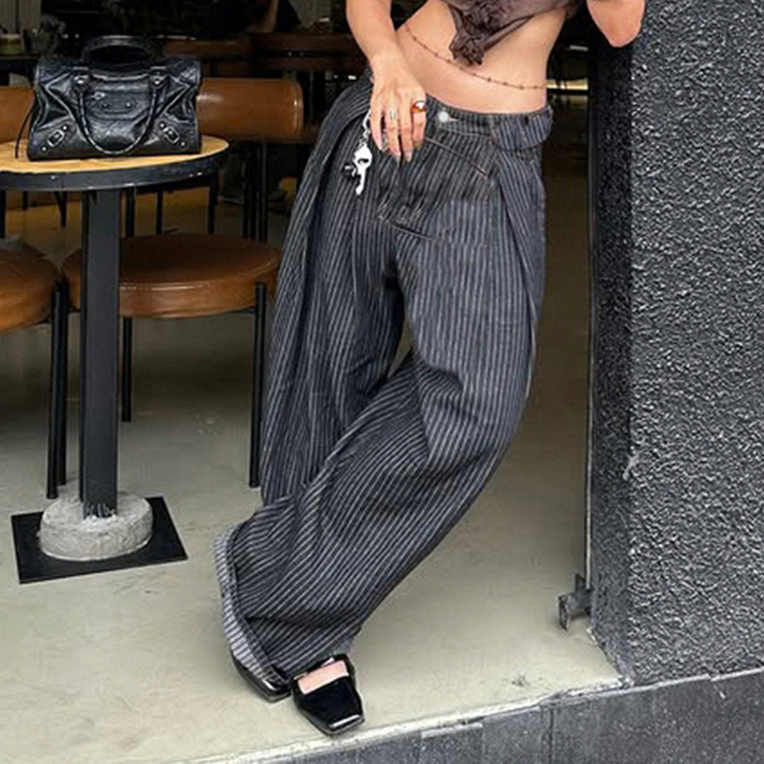 Damen Weite Hochtaillierte Streifenjeans R&B
