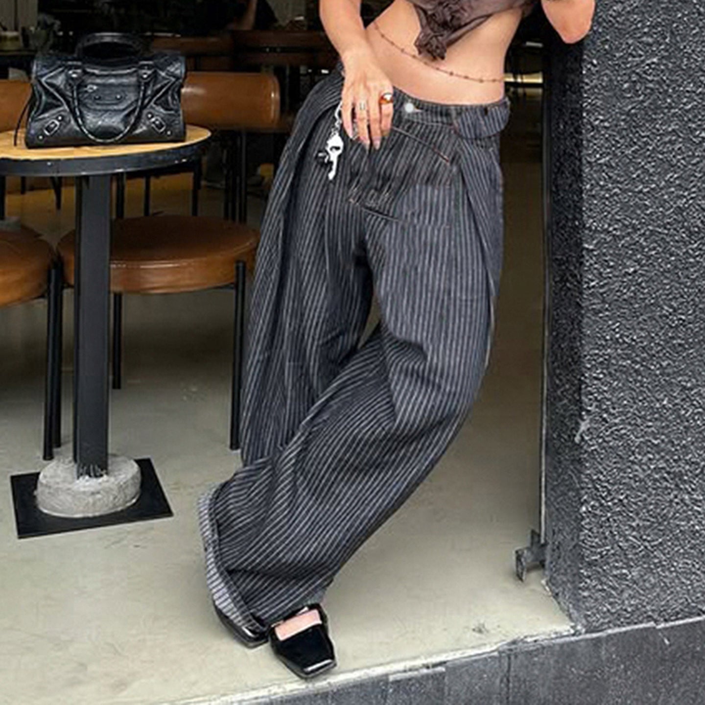 Damen Weite Hochtaillierte Streifenjeans R&B
