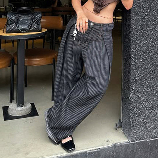 Damen Weite Hochtaillierte Streifenjeans R&B