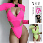 Damen Einteiler Badeanzug mit Cut-Out-Design und langem Arm R&B