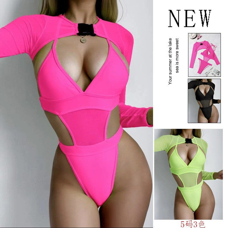 Damen Einteiler Badeanzug mit Cut-Out-Design und langem Arm R&B