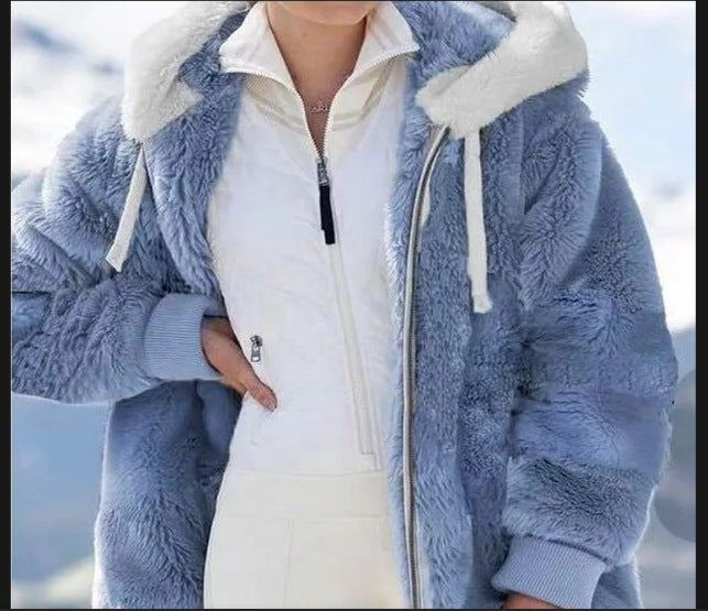 Damen Kuschelige Kunstpelzjacke mit Kapuze R&B