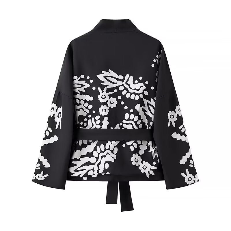 Damen Trendige Kimono-Jacke mit floralen Mustern und Taillengürtel R&B