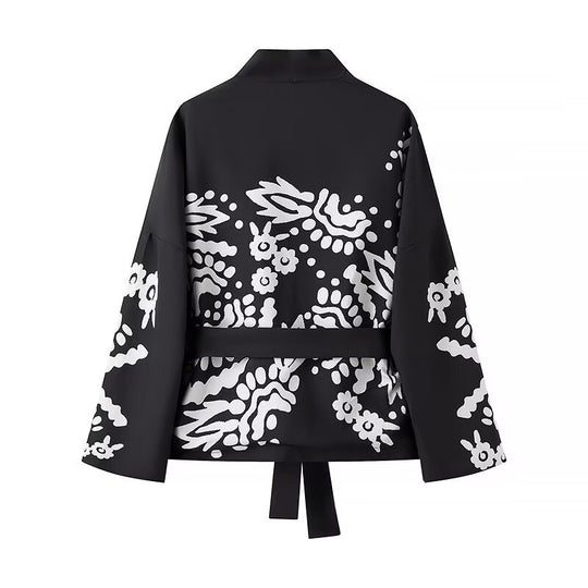 Damen Trendige Kimono-Jacke mit floralen Mustern und Taillengürtel R&B