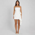 Damen elegantes schulterfreies Wickelkleid mit asymmetrischem Saum und floralem Detail R&B
