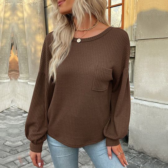 Damen Lässiger Langarmshirt mit strukturiertem Design und dekorativem Taschen R&B