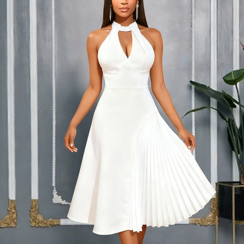 Damen Elegantes Midikleid mit Keyhole-Ausschnitt und plissiertem Saum R&B